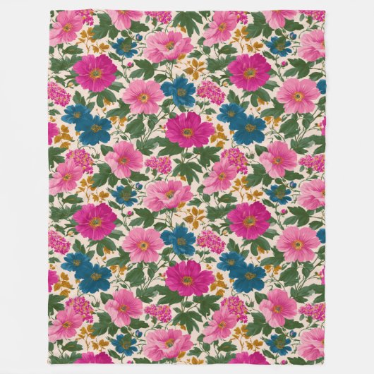 Vet Roze en Blauwe Bloemen op Crème Fleece Deken (Voorkant)