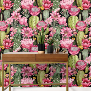 Vet Roze en Groene Cactus Peel en Stick Behang