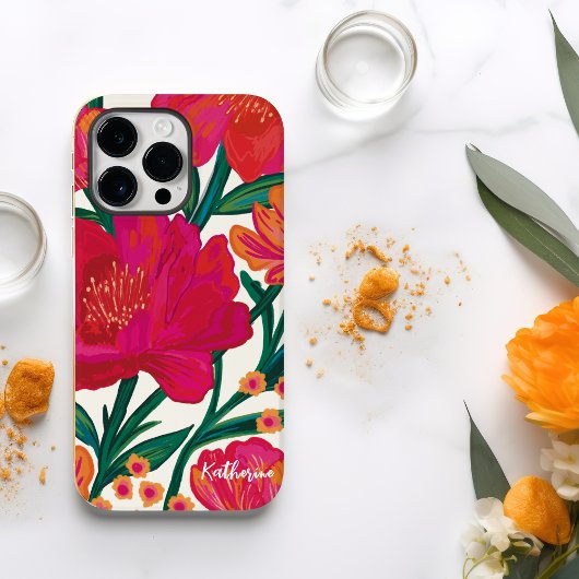 Vet Roze en oranje bloemen Gepersonaliseerde naam Case-Mate iPhone Case