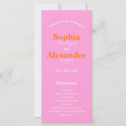 Vet roze en oranje kleurrijk huwelijksprogramma (Voorkant)