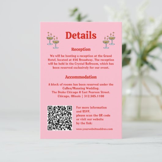 Vet Roze en Rode QR Code Trouwinformatie Informatiekaartje (Staand voorkant)