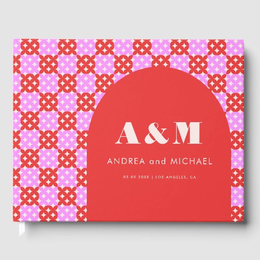Vet Roze en Rood Mid Century Mod Arch Bruiloft Gastenboek (Voorkant)