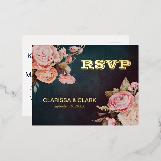 Vet roze Floral RSVP Folie Weddenschap Briefkaart (Voorkant / Achterkant)