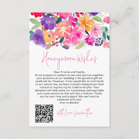Vet roze floral waterverf Qr huwelijksreis wensen Informatiekaartje (Voorkant)