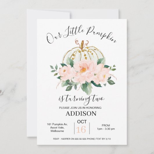 Vet Roze Goud Bloemen Pompoen Verjaardag Uitnodigi Kaart (Voorkant)