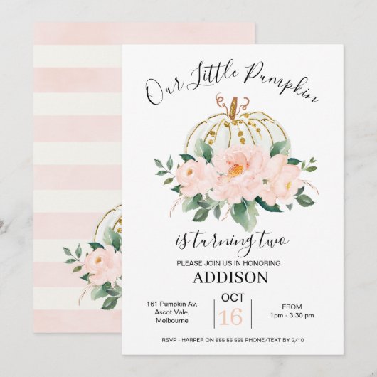 Vet Roze Goud Bloemen Pompoen Verjaardag Uitnodigi Kaart (Voorkant / Achterkant)