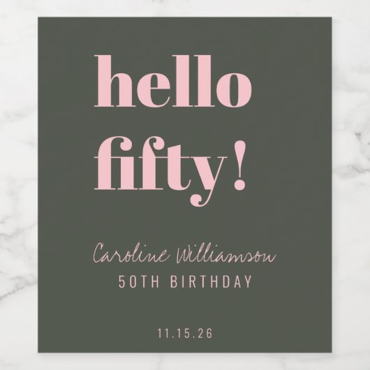 Vet Roze Groene Moderne 50e verjaardag Aangepast Wijn Etiket (Enkel label)