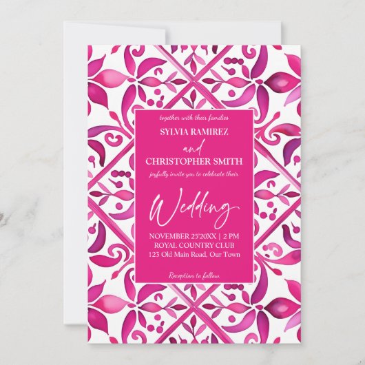 Vet roze magenta Spaans tegels alles in één bruilo Kaart (Voorkant)