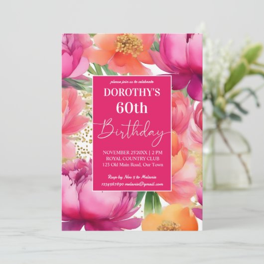 Vet roze oranje pioen elegant verjaardagsfeestje kaart (Staand voorkant)