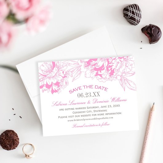 Vet roze pioenenschets bruiloft save the date