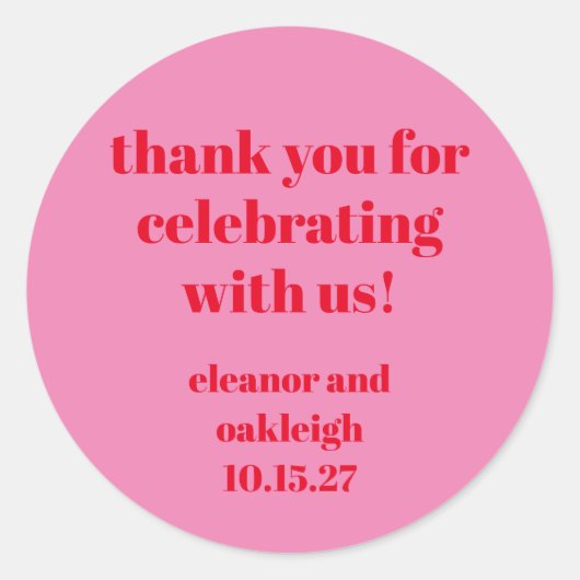 Vet Roze Rood Moderne Bruiloft Custom Dank u Ronde Sticker (Voorkant)