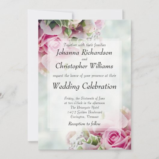 Vet Roze Rozen Chique Bloemen Bruiloft Uitnodiging (Voorkant)