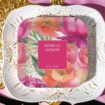 Vet roze sinaasappel pioen elegant bruiloft servie papieren bordje<br><div class="desc">Roze magenta sinaasappel pioenen elegant gepersonaliseerd bruiloft servies sjabloon papier borden,  levendige gewaagde kleuren moderne typografie</div>