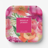 Vet roze sinaasappel pioen elegant bruiloft servie papieren bordje (Voorkant)