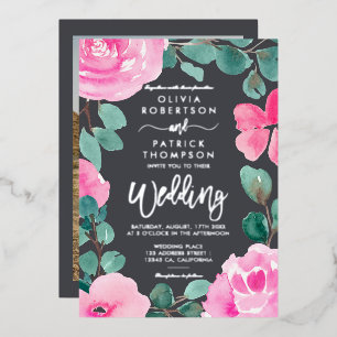Vet roze waterverf foto's bruiloft zilver folie uitnodiging