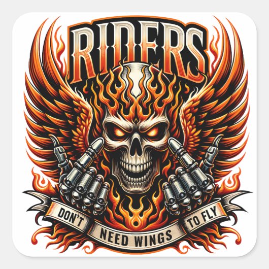 Vet schedelontwerp met vurige vleugels en handen vierkante sticker (Voorkant)