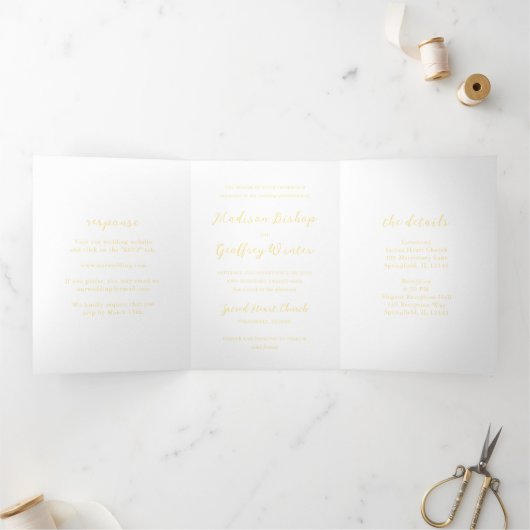 Vet Script Boter Geel Elegante bruiloft Drieluik Uitnodiging (Binnen)