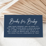 Vet Script Navy Baby shower Boek Aanvraag Informatiekaartje<br><div class="desc">Leuke,  minimalistische baby shower boek aanvraag kaarten met "Boeken voor Baby" weergegeven in een modern wit script met een marine achtergrond. Personaliseer de eenvoudige boekaanvraagkaarten met uw aangepaste tekst hieronder. Het ontwerp komt overeen met ons Oh Baby Script baby shower collectie.</div>