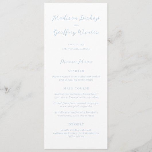 Vet Script Poeder Blauw Elegant Huwelijk Menu (Voorkant)