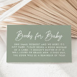 Vet Script Sage Groen Baby shower Boekaanvraag Informatiekaartje<br><div class="desc">Leuke,  minimalistische baby shower boek aanvraag kaarten met "Boeken voor Baby" weergegeven in een modern wit script met een wijze groene achtergrond. Personaliseer de eenvoudige boekaanvraagkaarten met uw aangepaste tekst hieronder. Het ontwerp komt overeen met ons Oh Baby Script baby shower collectie.</div>