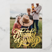 Vet Script Typografie Foto Happy Thanksgiving Folie Feestdagenkaart (Voorkant)