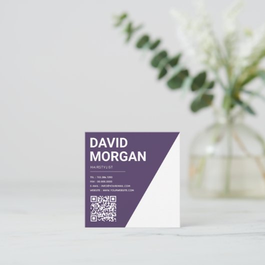 Vet Script Typography QR Code Paarse Vierkante Visitekaartje (Staand voorkant)