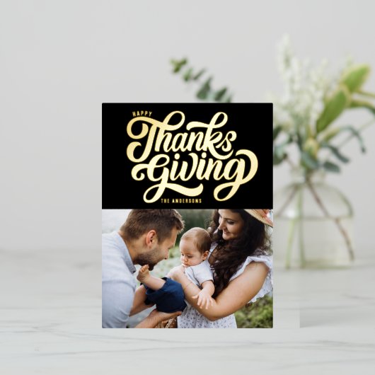 Vet Script Zwart Happy Thanksgiving-foto Folie Feestdagen Briefkaart (Staand Voorkant)