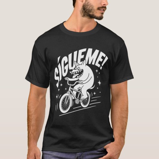 Vet "SÍGUEME!" Retro Cartoon Wolf op de fiets T-shirt (Voorkant)