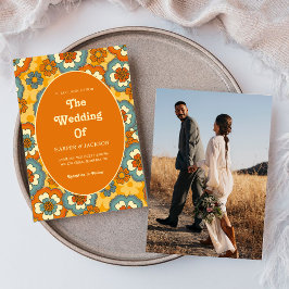 Vet Sinaasappel Bloemen Retro 70s Foto bruiloft Kaart