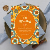 Vet Sinaasappel Bloemen Retro 70s Foto bruiloft Kaart