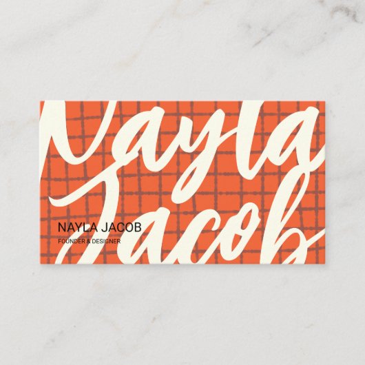 Vet Sinaasappel Bruin Check Pattern QR Code Handge Visitekaartje (Voorkant)