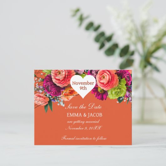 Vet Sinaasappel en roze rozen Save The Date (Staand voorkant)