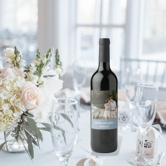 Vet Stoffig Blauw Retro Aangepaste Bruiloft Foto Wijn Etiket