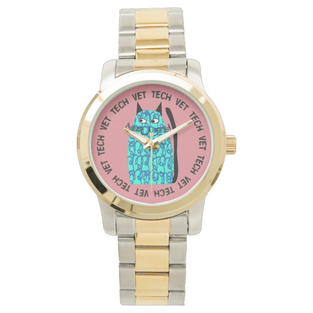 Vet Tech Watch grillige kat Design Roze Horloge (Voorkant)
