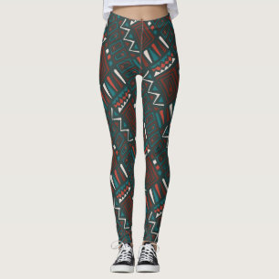Vet Tribal Geometrisch Patroon in Rood, Blauwgroen Leggings