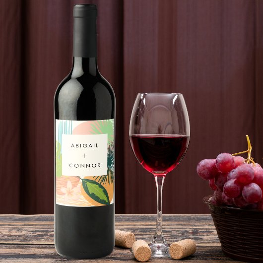 Vet Tropisch Abstract Koraal Blauwgroen Bruiloft Wijn Etiket