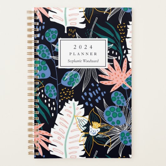 Vet Tropisch Botanisch Patroon Monogram 2024 Planner (Voorkant)