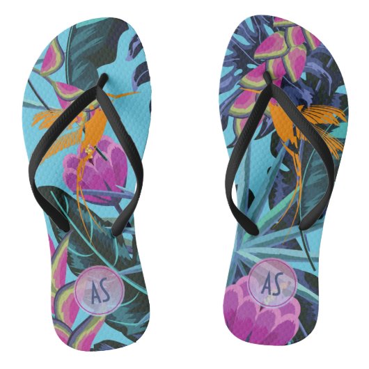 Vet Tropisch oliepatroon met Hummingbird Teenslippers (Voetbed)