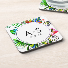 Vet tropisch palmleder met wiet bruiloft monogram onderzetter