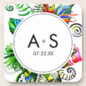 Vet tropisch palmleder met wiet bruiloft monogram onderzetter (Voorkant)