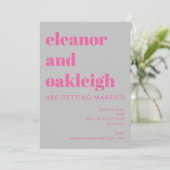 Vet Typografie Hot Pink en Gray Modern Wedding Kaart (Staand voorkant)