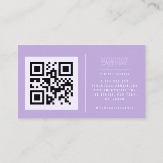 Vet Typografie & Lila Lavender QR Code Bu Visitekaartje (Achterkant)
