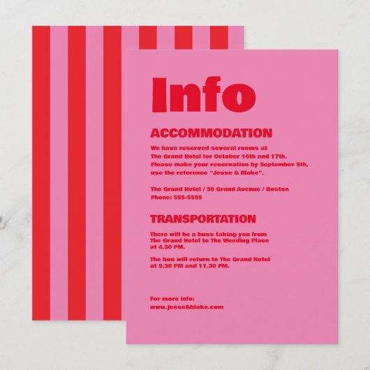 Vet Typografie, Roze en Rode Bruiloft Informatiekaartje (Voorkant / Achterkant)