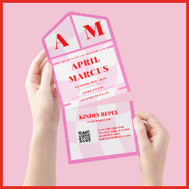 Vet Typografie Vibrant roze rood monogram bruiloft All In One Uitnodiging