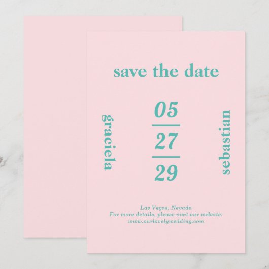 Vet Typografisch Roze Blauwgroen Modern Bruiloft Save The Date (Voorkant / Achterkant)