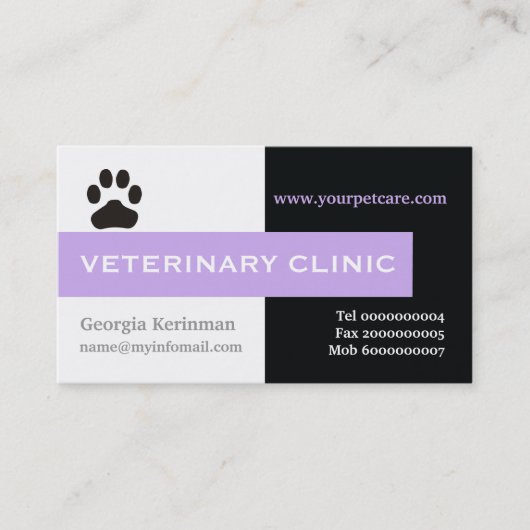 Vet/Veterinary Clinic, paw lavender eye catching Visitekaartje (Voorkant)