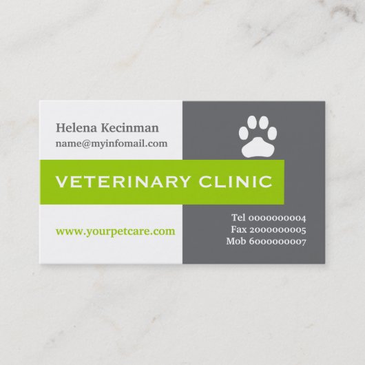Vet/Veterinary Clinic, paw lime green eye catching Visitekaartje (Voorkant)