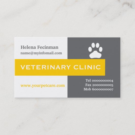 Vet/Veterinary Clinic, paw yellow eye-Catching Visitekaartje (Voorkant)