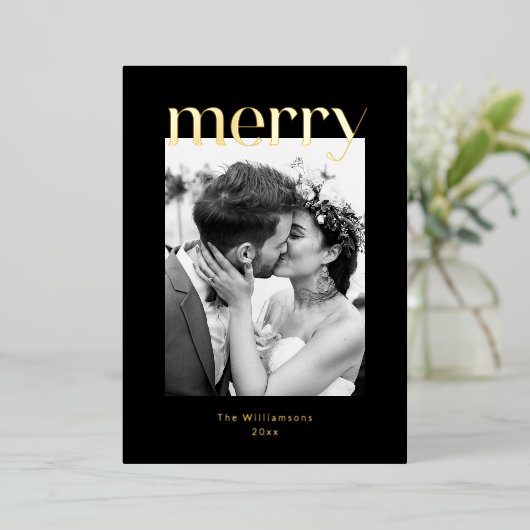 Vet Vrolijk Kerstmis Bruiloft Foto Zwart Goud Folie Feestdagenkaart (Staand Voorkant)