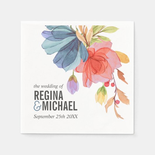 Vet Waterverf Blauw Wildbloemen Monogram Bruiloft Servet (Voorkant)